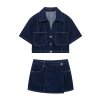Collar denim short sleeved shirt+double breasted skirt pants set